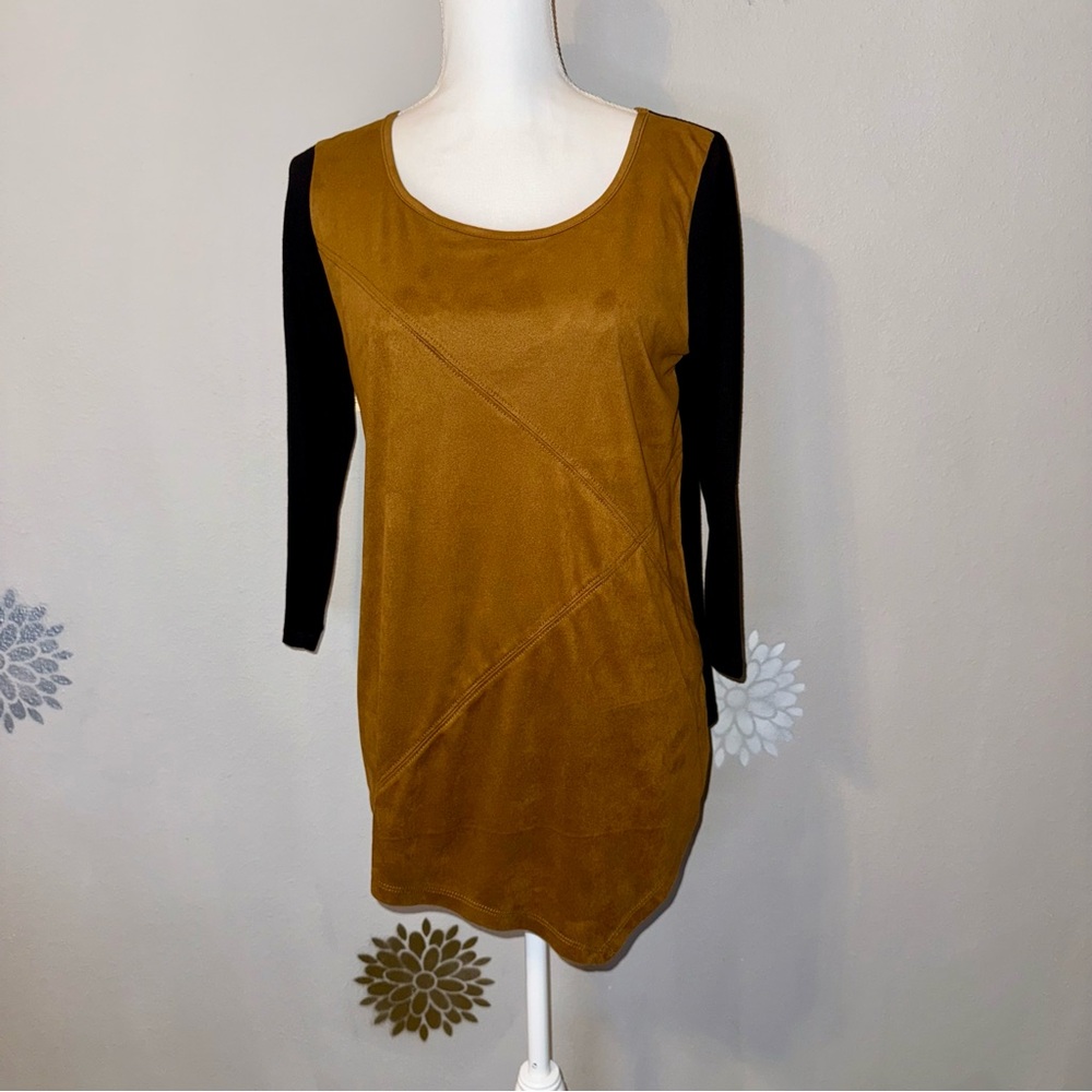 Faux Suede Brown Black Long Sleeve Shirt/Top‎ Lightweight Ladies Small